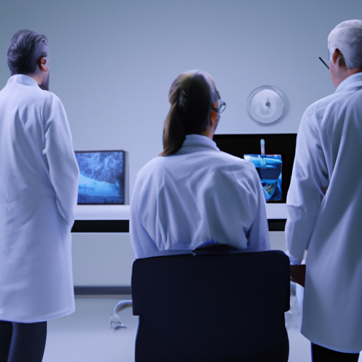 Cientificos alrededor de una television en un laboratorio. Todos estan mirando muy serios al televisor